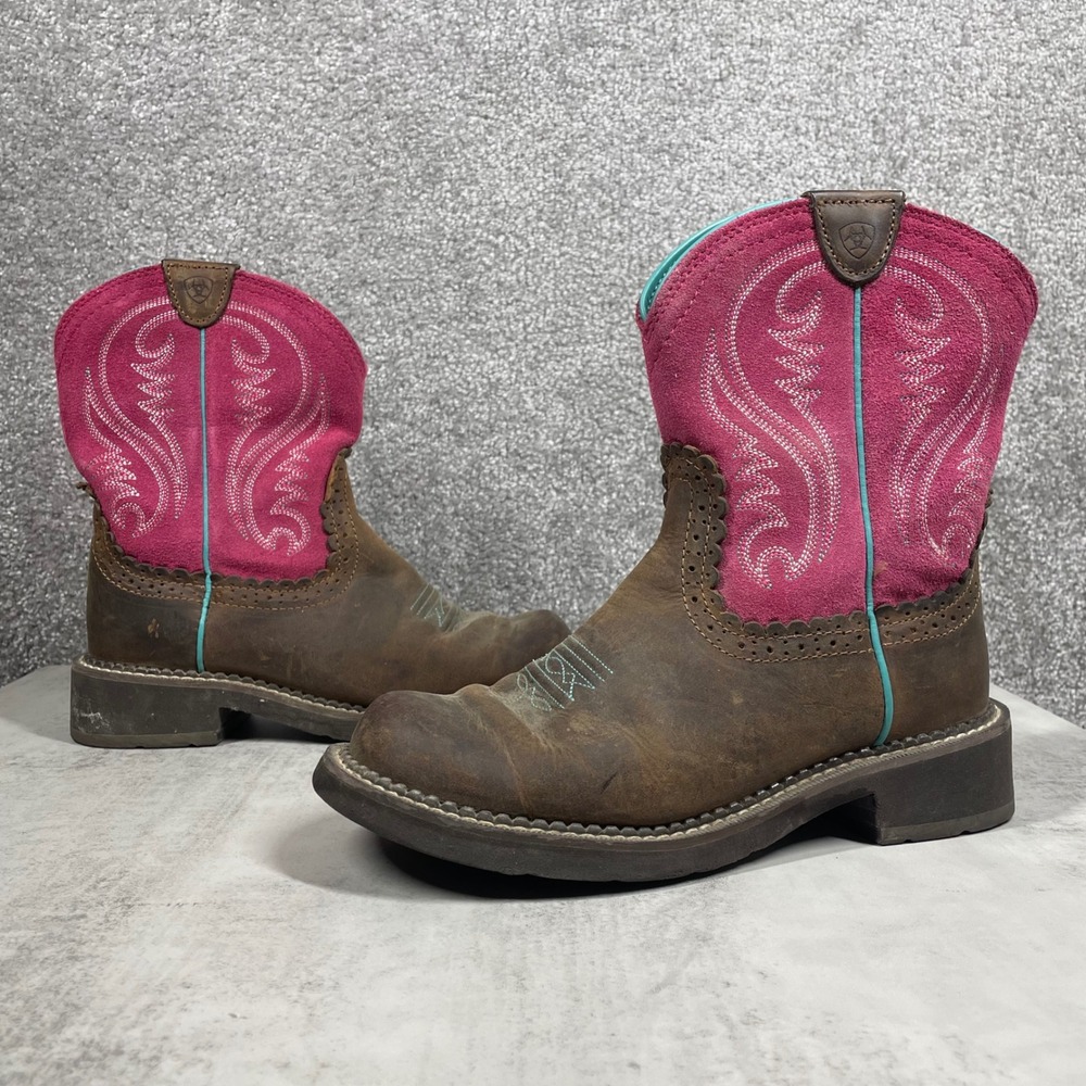 Ariat Western Boots Womens 7.5 Suede Embroidered Brown Pink Turquoise Cowgirl